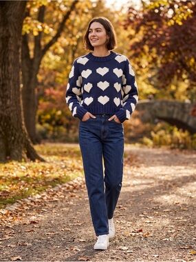Navy Blue and White Heart Pattern Chunky Knit Sweater Medium